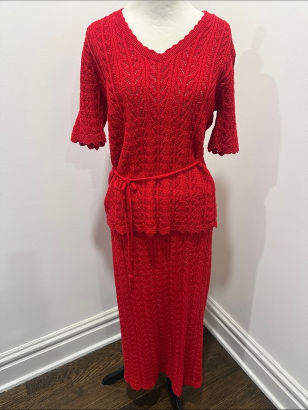 Vintage 80s Laura by Alysia Pointelle Red Knit Open Weave Maxi Skirt Set - 10